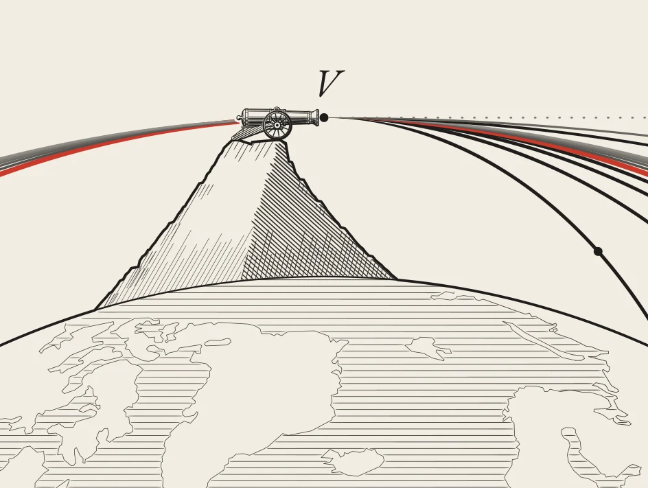 Every shot leaves the gun level; without gravity it would follow the dotted line.