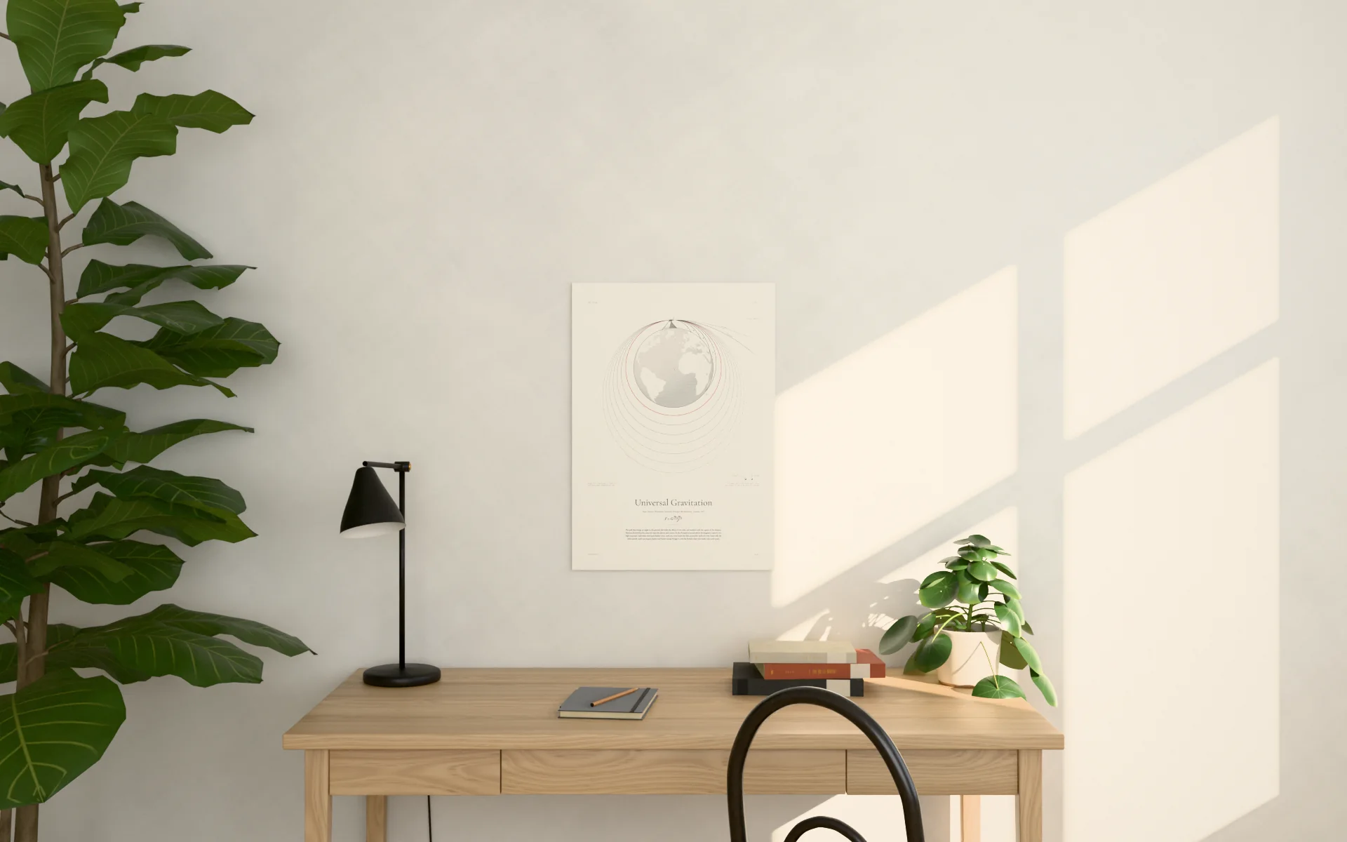 Plate I, Universal Gravitation, hanging on a pale wall above an oak writing desk
